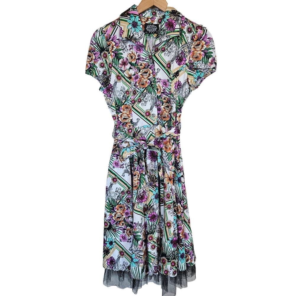 Hearts & Roses Distorted Floral Short Sleeve Skater Dress Women's‎ 8 Rockabilly
